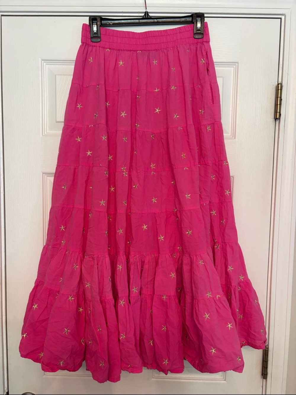 La Plage handmade pink cotton maxi skirt with tiered design and gold embroidery
